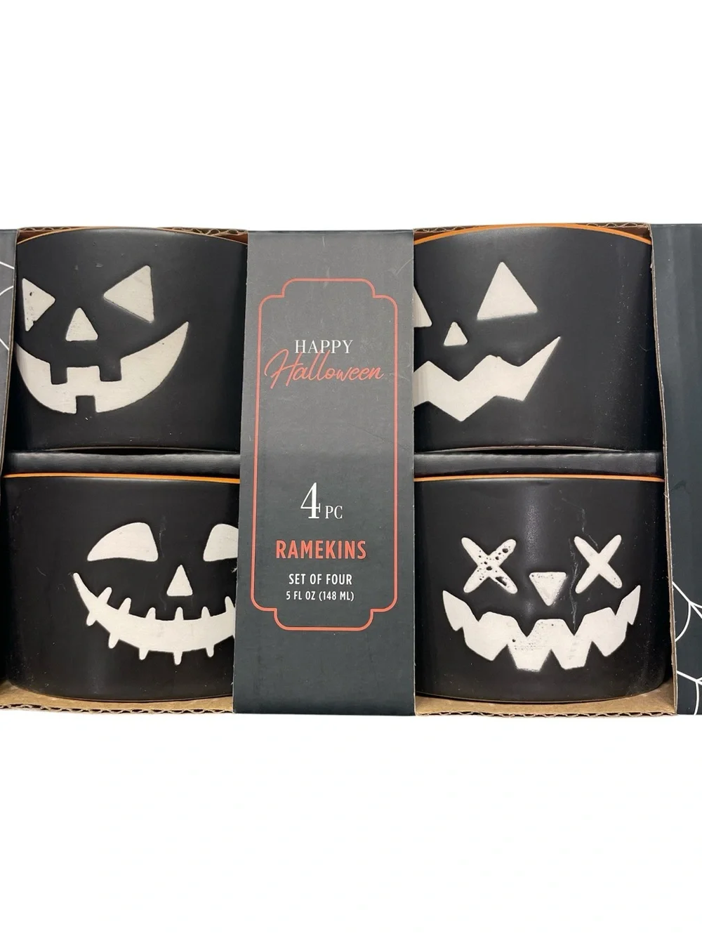 Happy Halloween Black Jack O Lantern Ramekins 5oz Set of 4 NWT